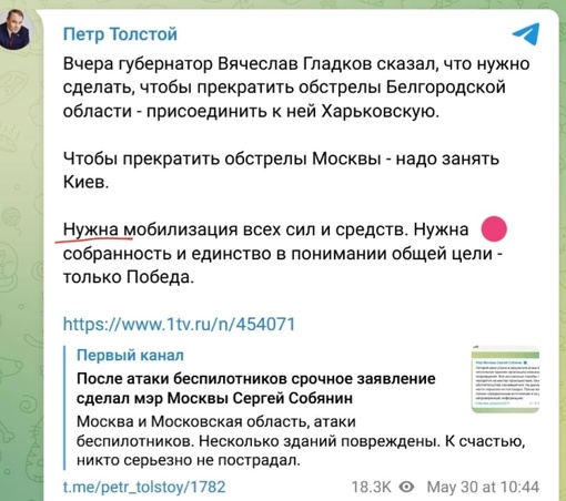 Власти России должны провести полную мобилизацию и занять Киев, чтобы пресечь обстрелы Москвы.  —..