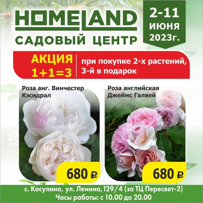 Только со 2 по 11 июня - в Садовом центре HOMELAND грандиозная акция 1+1=3 !!!🔥🔥🔥 
В рамках этой акции, Вы можете..