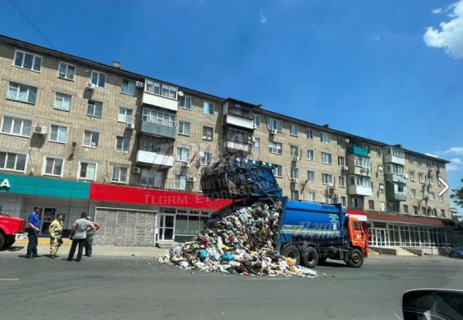 Мусоровоз в Новочеркасске загорелся прямо на улице. Отходы вывалили прямо на улице 
Фото: Это..