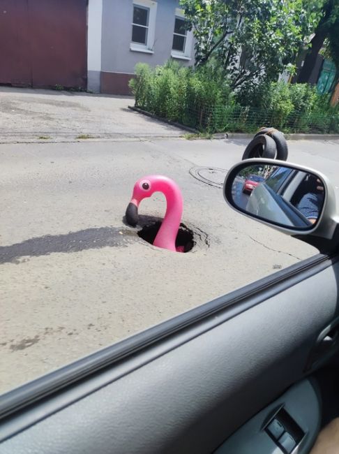 В Нахичевани неизвестные пометили опасную яму на дороге розовым фламинго. Творческий подход к проблеме,..