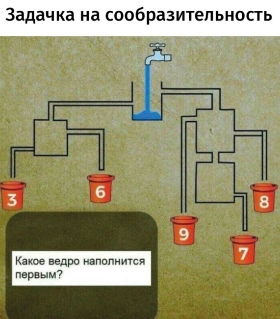 Стоят ведра с надписями "3", "6", "9", "7", "8". Какое ведро наполнится..