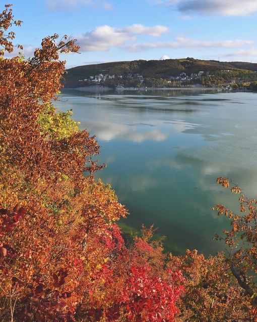 Нереально красивое осеннее утро в Абрау-Дюрсо😍🍂  Легкая дымка, озеро словно зеркало, а от ярко красных..