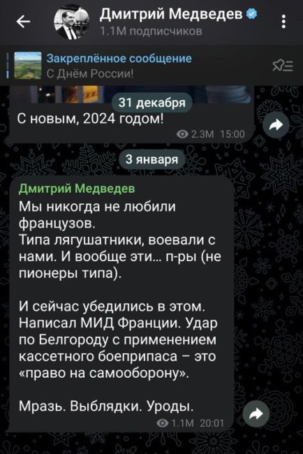 Дмитрий Медведев в своём Телеграмм жёстко прокомментировал заявление МИД Франции о том, что удары по..