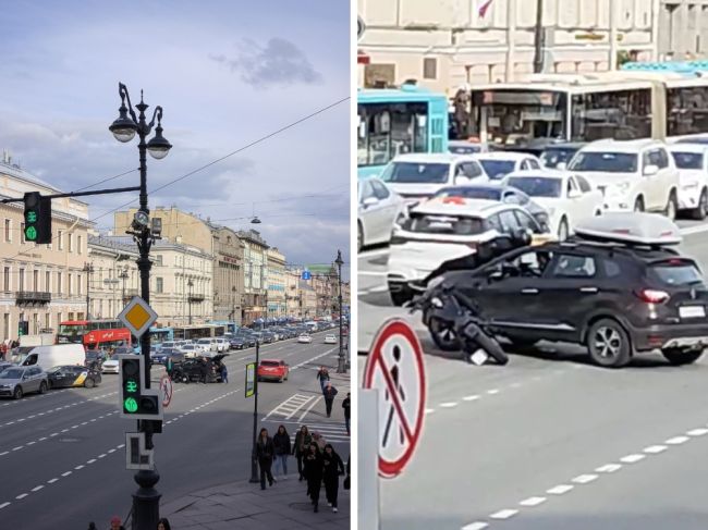 Ситуация после ДТП сегодня на Невском: байкер прилёг на капот автомобиля, с которым перед этим столкнулся на..
