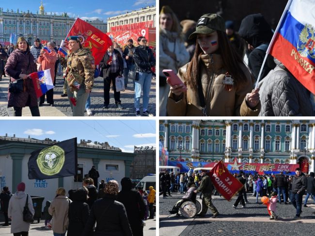 Петербуржцы празднуют День победы на Дворцовой площади, 9 мая 2024 года.  Как писал классик, всё смешалось в..