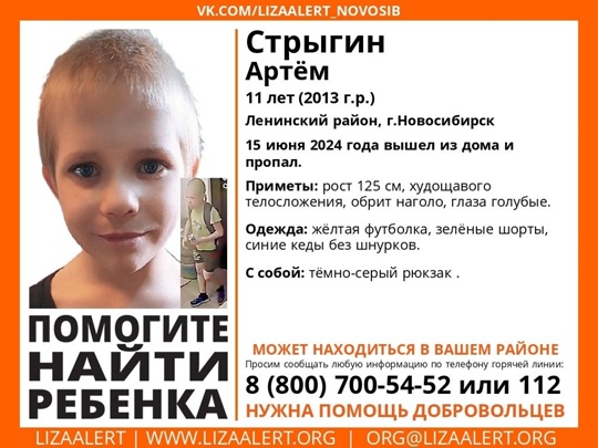 Внимание! Помогите найти ребенка! 
Пропал #Стрыгин Артём, 11 лет, Ленинский район, г.Новосибирск 
15 июня 2024..