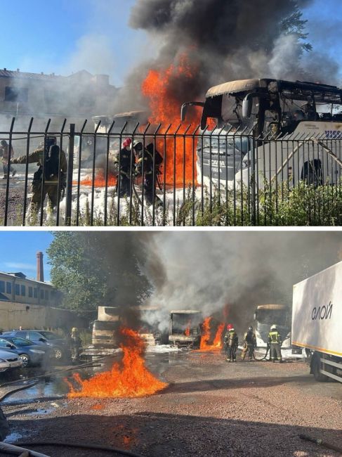 В Петербурге возле автовокзала сгорели три автобуса  Заметный пожар с огромным столбом дыма сегодня днём..