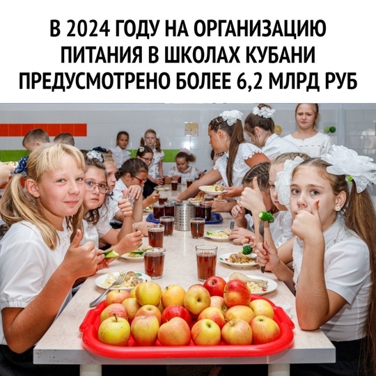 В 2024 году на обеспечение питания в школах Краснодарского края выделено более 6,2 миллиарда рублей.  Рост..