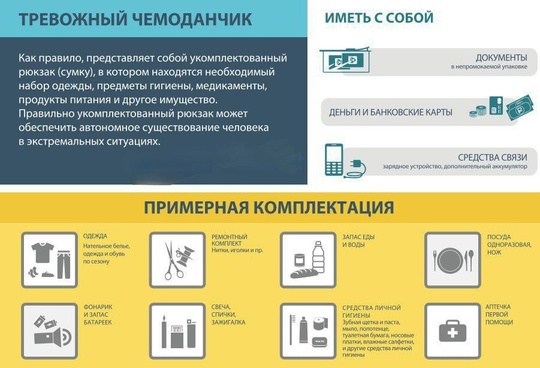 😐 МЧС посоветовало собрать «тревожный чемоданчик». Он поможет выжить в зоне ЧС до прибытия спасателей. 
🔴..