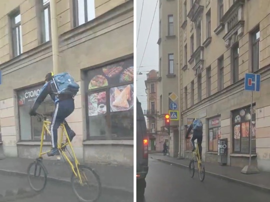 В Петербурге заметили креативного велосипедиста, который подготовился к очередной зиме с грязевыми лужами..