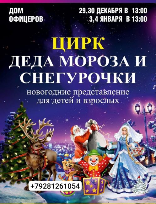 29 – 30 декабря, 3-4 января
Дом Офицеров, пр-кт Будённовский 34  Дорогие дети и взрослые! Приглашаем вас на «Цирк..