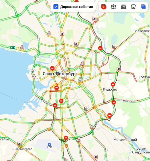 Петербуржцы второй день проводят в диких пробках  Сегодня после полудня заторы на дорогах достигли 9 баллов..