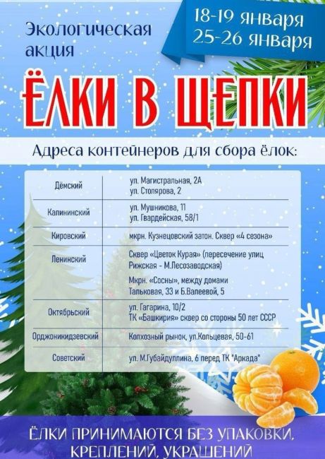 🎄В Уфе пройдет ежегодная экологическая акция «Ёлки в щепки» 
Прием хвойных деревьев будет организован 18,..